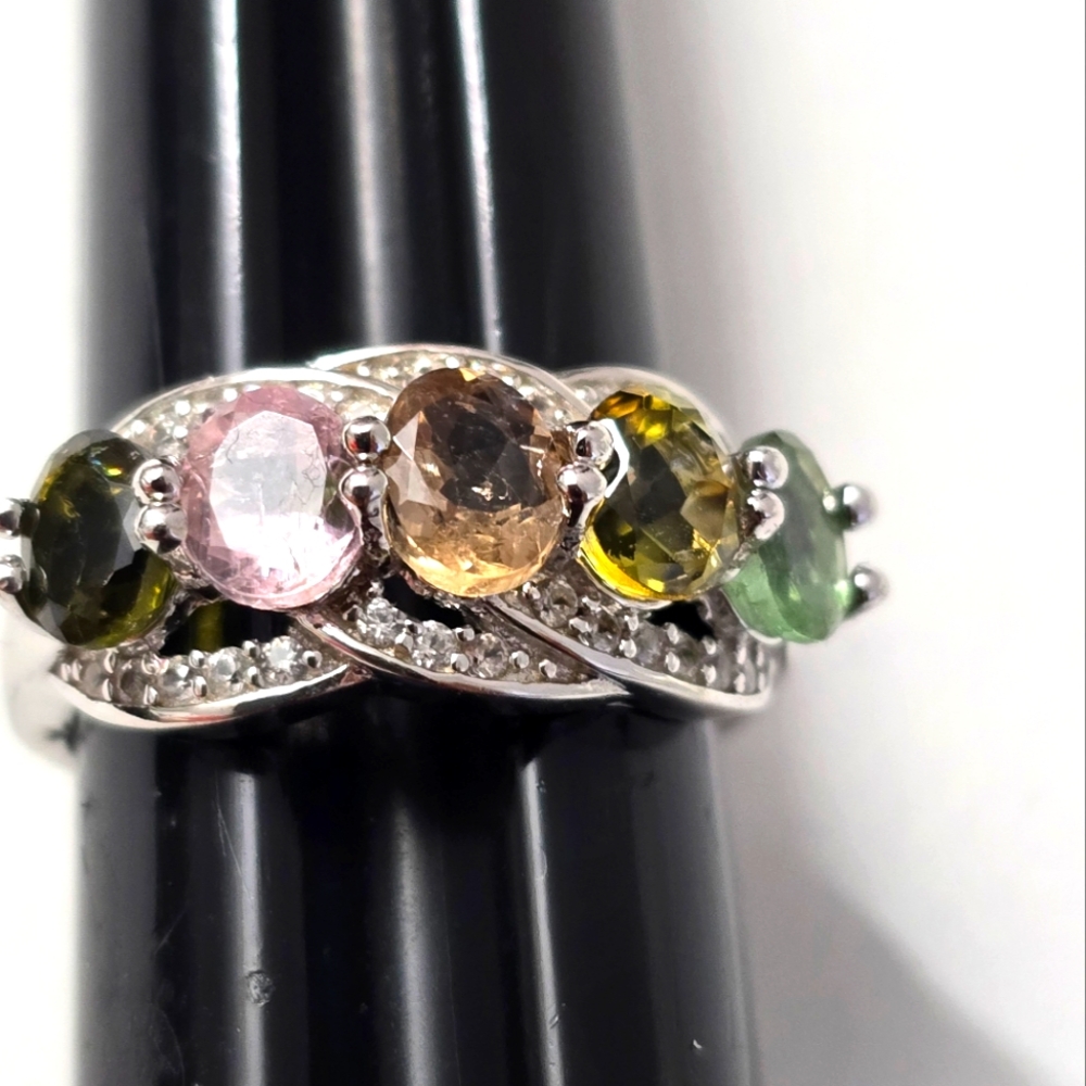 Sterling Silver 925 Elegant Multi-Color Tourmaline Silver Ring